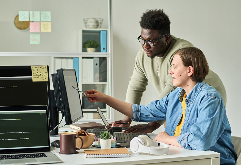 Woman pointing at a computer monitor